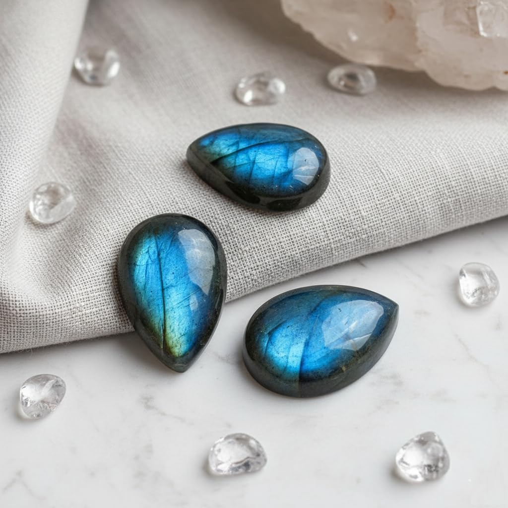 Myhealingworld Natural Calibrated 10x14mm Pear Shape Blue Fire Labradorite Cabochon Loose Gemstone 3pcs box. For Healing Wellness and Jewelry Making.