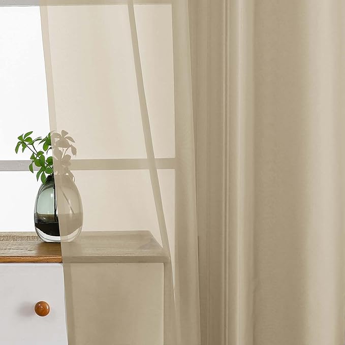 Taupe Valances for Windows 14 inch Length 2 Panels Set, Small Voile Sheer Curtains for Bathroom, Soft Fabric Lightweight Light Filtering Kitchen Curtains, Dual Rod Pocket, 2x42Wx14L Inches