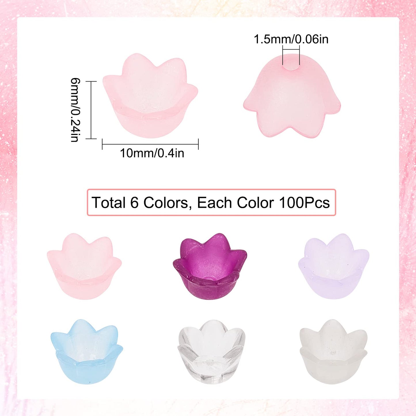 SUNNYCLUE 1 Box 600Pcs 6 Colors Acrylic Bead Caps Flower Bead Cap Flower Beads Acrylic Frosted Bell Tulip Flowers Lily Beads Floral Spacer Loose Bead for Jewelry Making Women Adult DIY Crafts