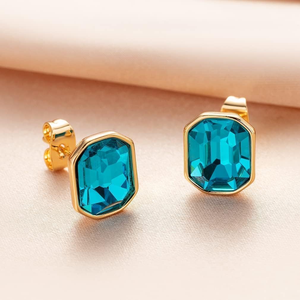 Austrian Crystal Octagon Stud Earrings for Women Fashion 925 Sterling Silver Post Hypoallergenic Jewelry (Blue Zircon)