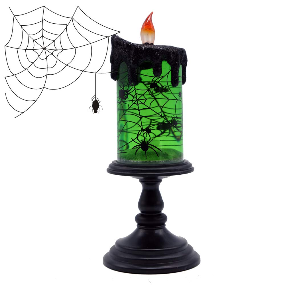 DRomance Halloween Flameless Candle Snow Globe Battery Operated with 6 Hour Timer, Green Light Spider Decal Water Tornado Lamp LED Candlestick Halloween Season Decor Gift 4 x 10 Inches
