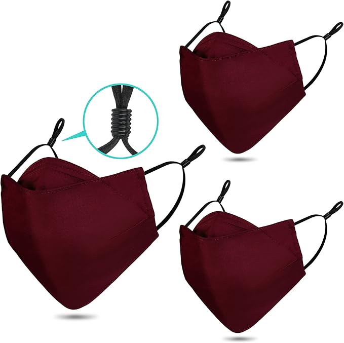 Reusable 3-Ply Cloth Face Mask Adjustable Ear Loops/Nose Wire/Filter Pocket, Washable Organic Cotton Masks Dustproof Outdoor for Women Men Adults (3 Burgundy)