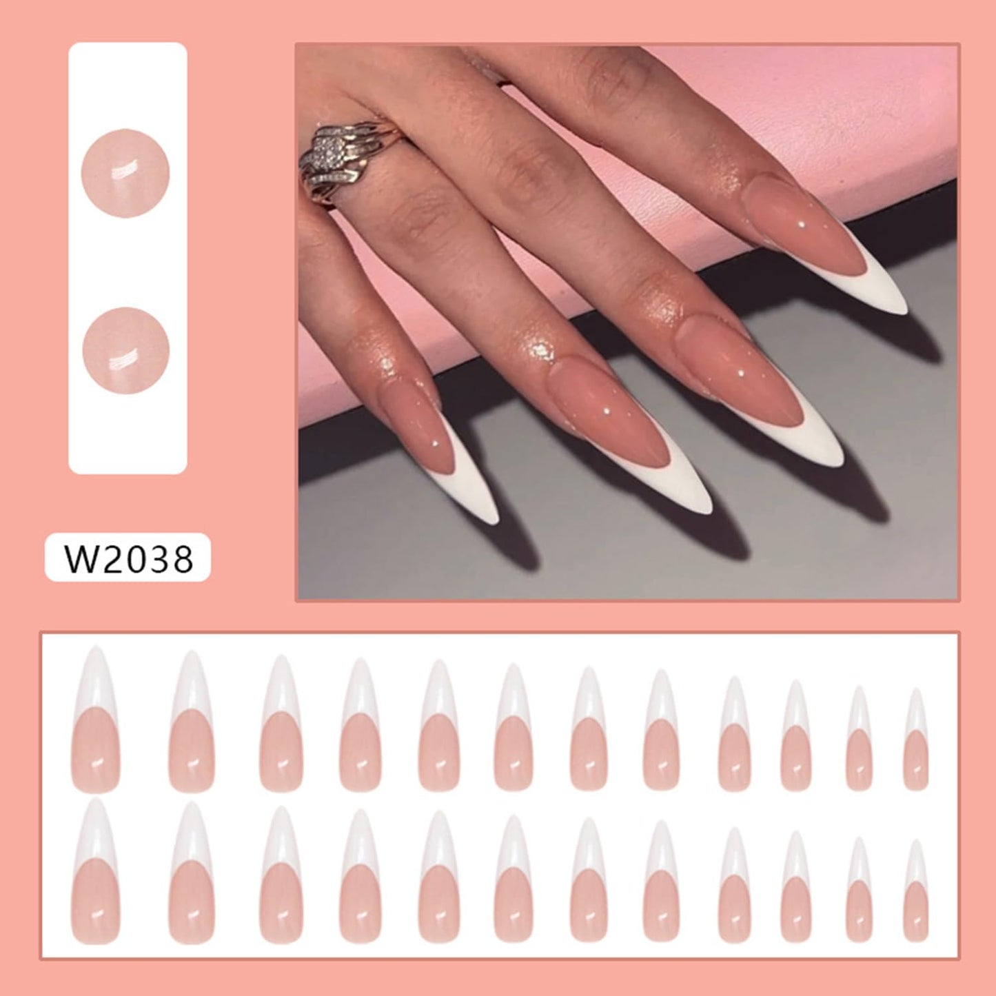 Stilettos Press on Nails White French Tip False Nails Glossy Extra Long Natural Glue on Nail Reusable Artificial Acrylic Stick on Nail for Women