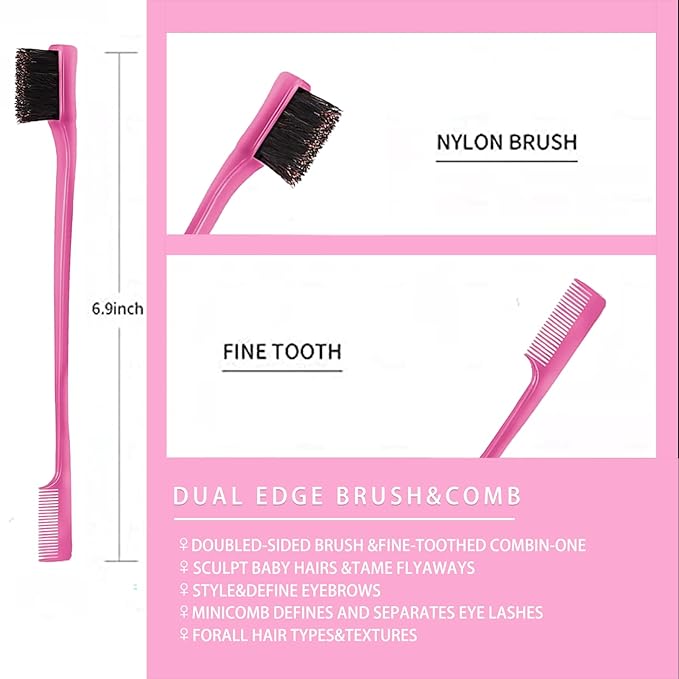 Goiple Hair Styling Brush Set, 12 Pieces Nylon Teasing Hair Brush Rat Tail Comb with Duckbill Clips, Double Sided Edge Brush for Edge & Back Brushing, Combing, Slicking Hair for Women Girls (Pink)