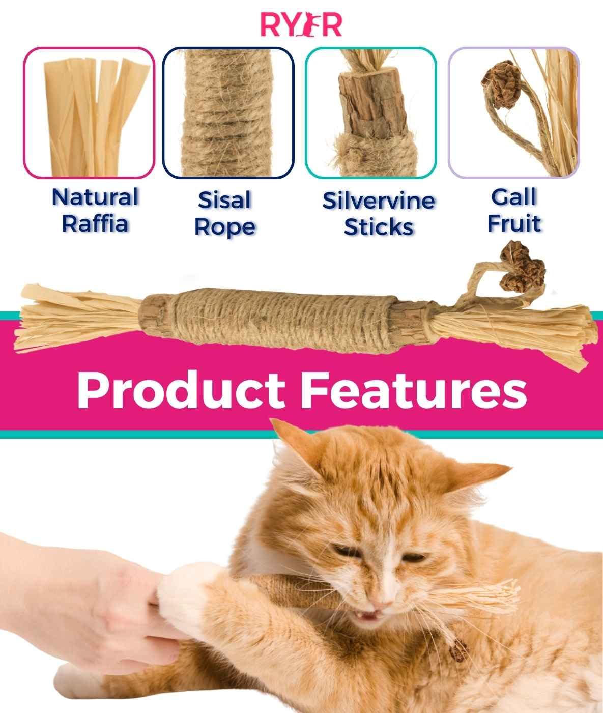 RYERCAT Silvervine Sticks for Cats - 100% Natural Cat Chew Toy for Aggressive Chewers and Kitten Teething - Pet Friendly, Smooth Finish, Irresistible Taste and Smell (5 Pack)