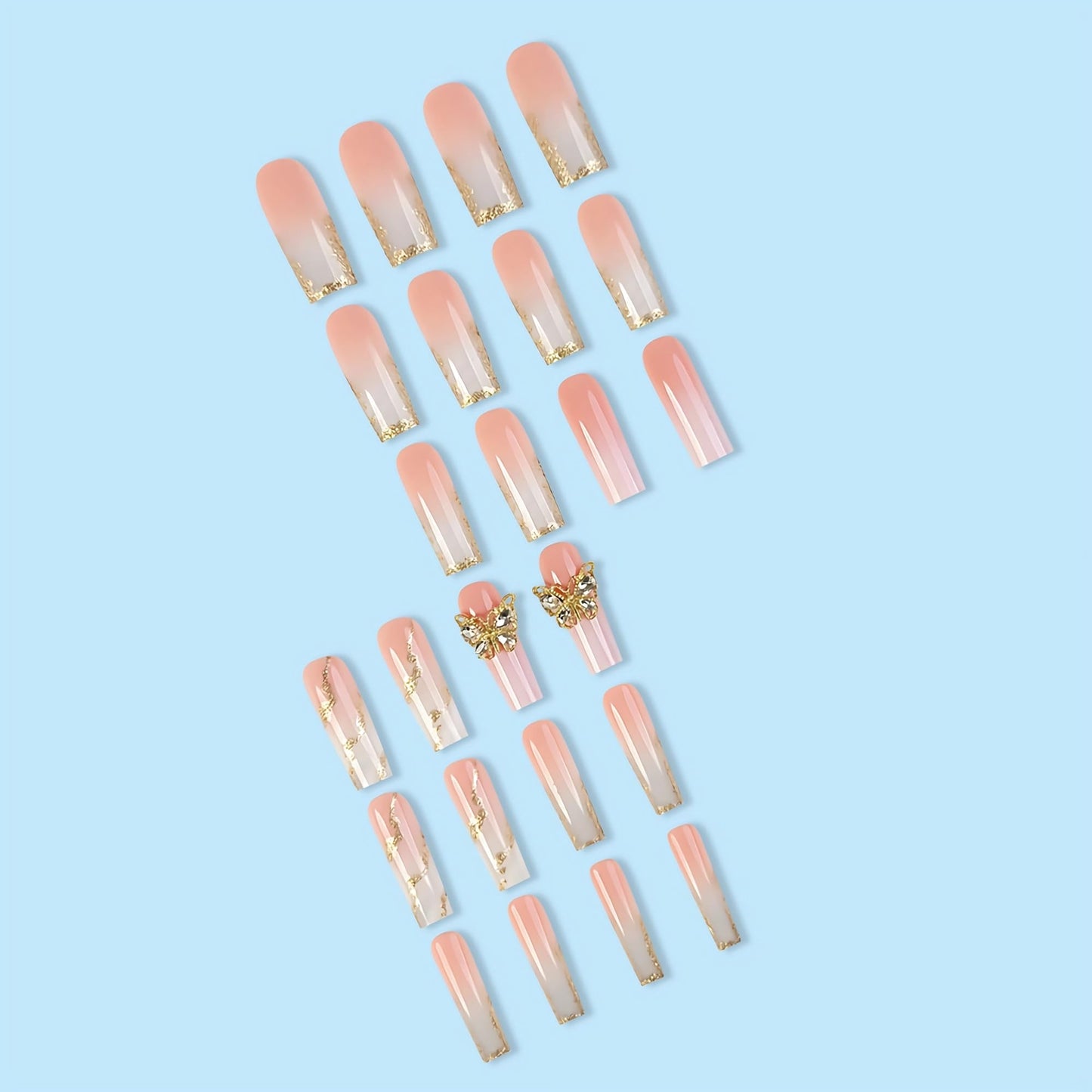 BABALAL Long Square Press on Nails, Pink White Gradient Golden Glitter Swirl 3D Butterfly Charm Design Acrylic Squoval Nails 24 Pieces