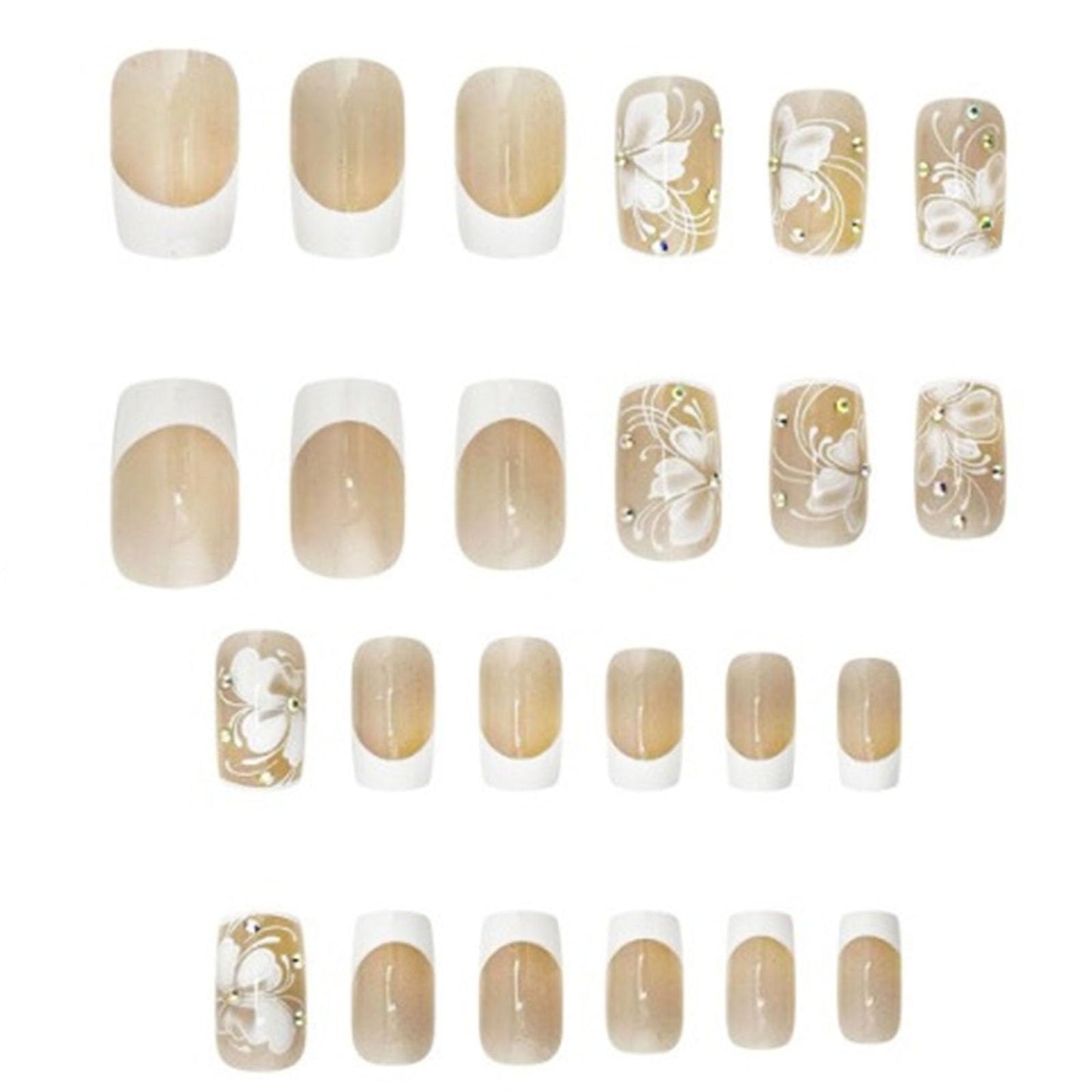 French Tip Press on Nails Medium Square Fake Nails with Rhinestone White Flower Designs Glossy Nails Press ons Nude Full Cover Glue on Nails Summer Acrylic Artificial Stick on Nails for Wommer 24Pcs