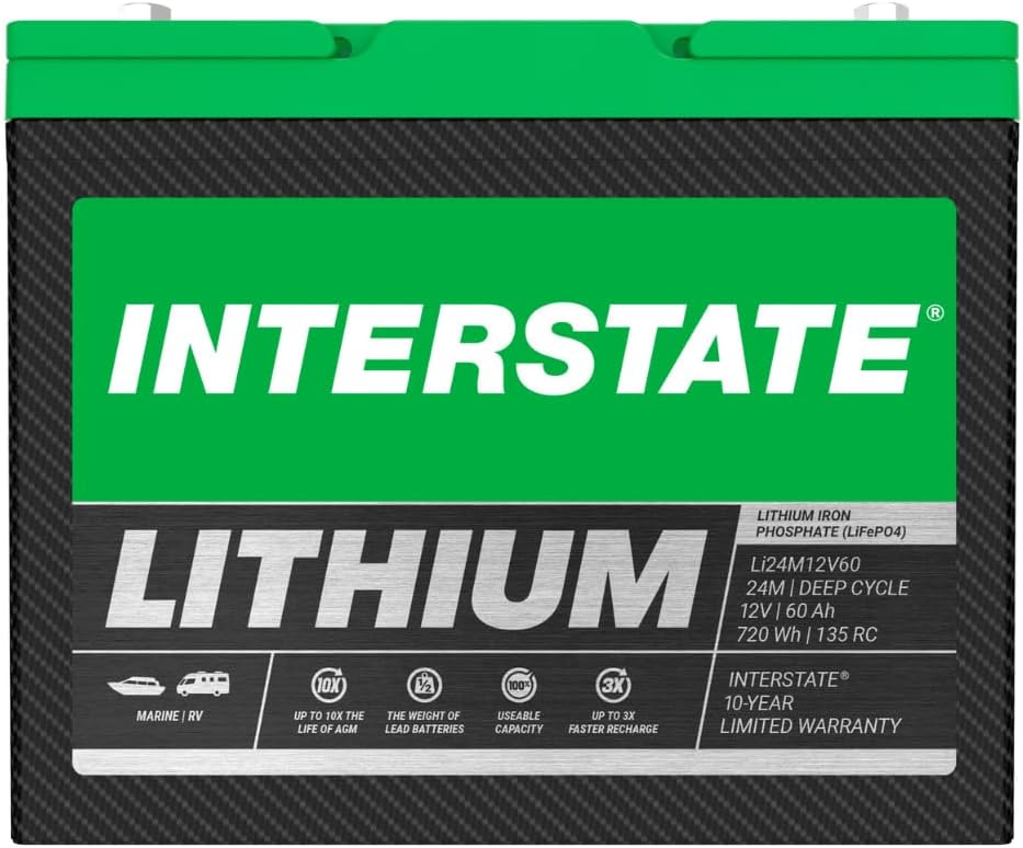 Interstate Batteries 12V 60Ah Group Size 24M Lithium Deep Cycle LiFePO4 Marine/RV Battery, Maintenance Free, Lightweight, Ideal For Boats, RV Camping, Off-Grid, Yachts (Li24M12V60)