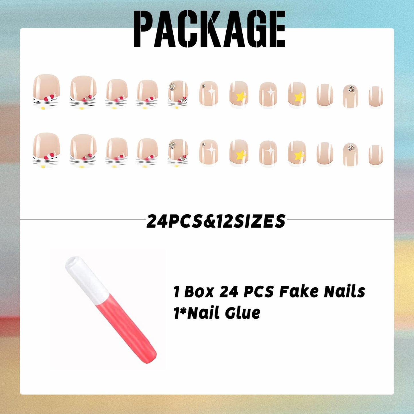 IMSOHOT Short Press on Nails Square Fake Nails White French Tips False Nails with Kitten Print Designs Cute Glossy Rhinestone Star Stick on Nude Nails for Women and Girls