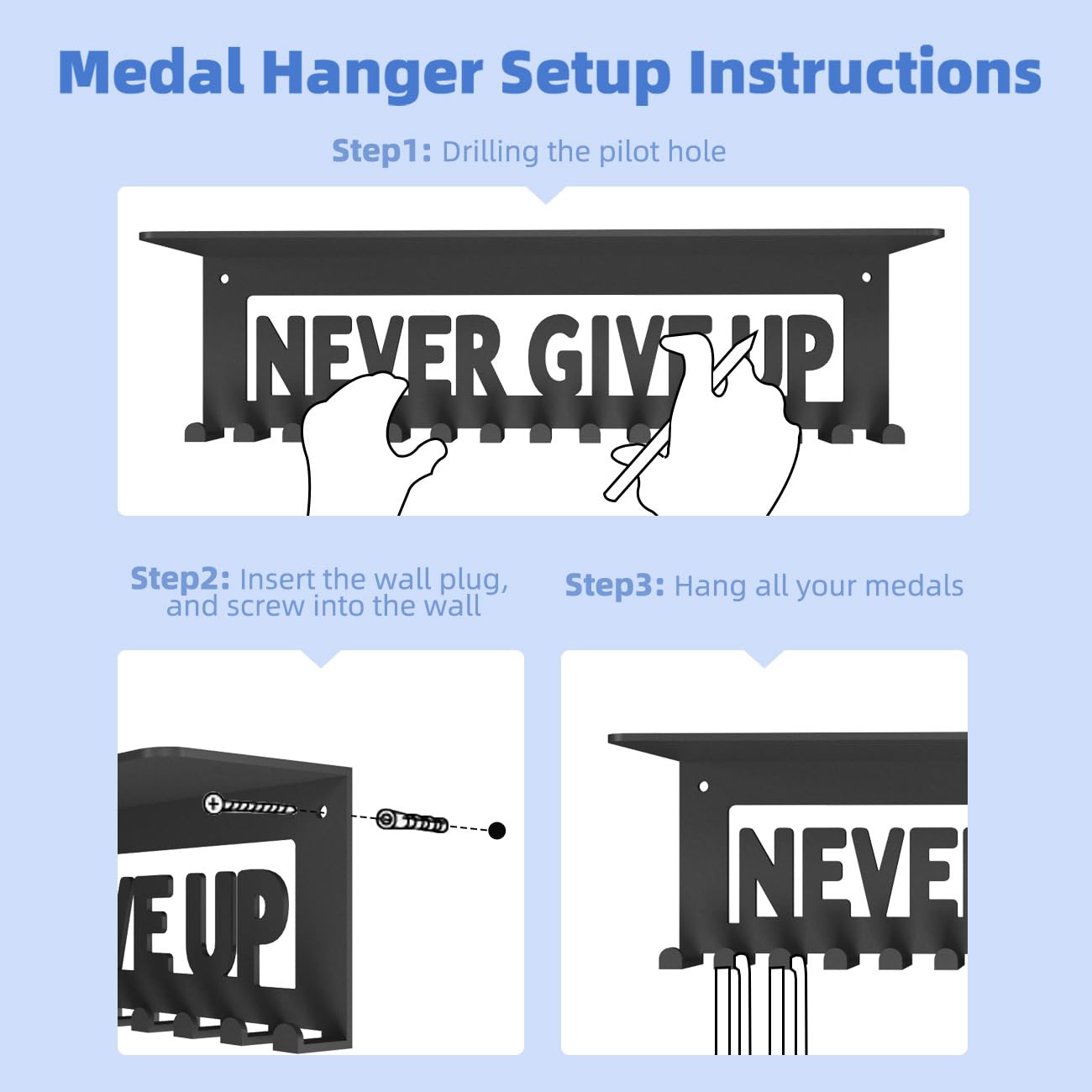 Dafftos Medal Trophy Shelf Hanger Display with Hooks for Medals Race Ribbon Holder Organizer Award Bib Rack Hanging Storage Award Holders Metal Never Give UP