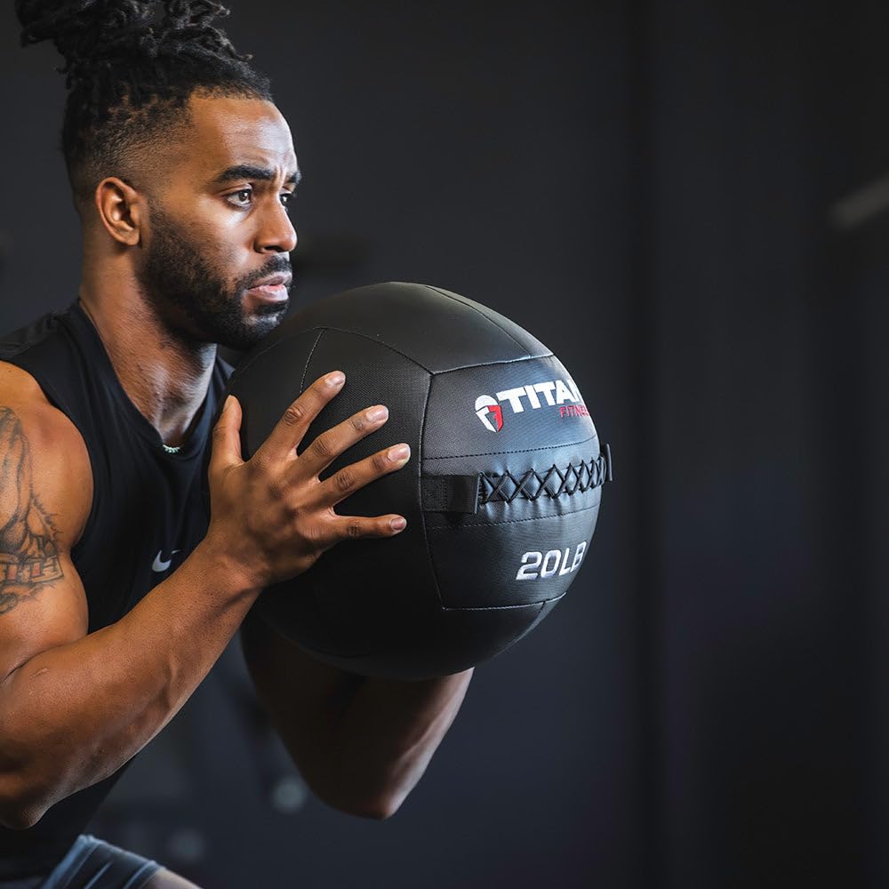 Titan Fitness 18 LB - 30 LB Soft Shell Medicine Wall Ball with Poly-Composite Laminate Cross Texture Non-Slip Grip for Throwing, Core Strength, Floor Exercises, Stretching