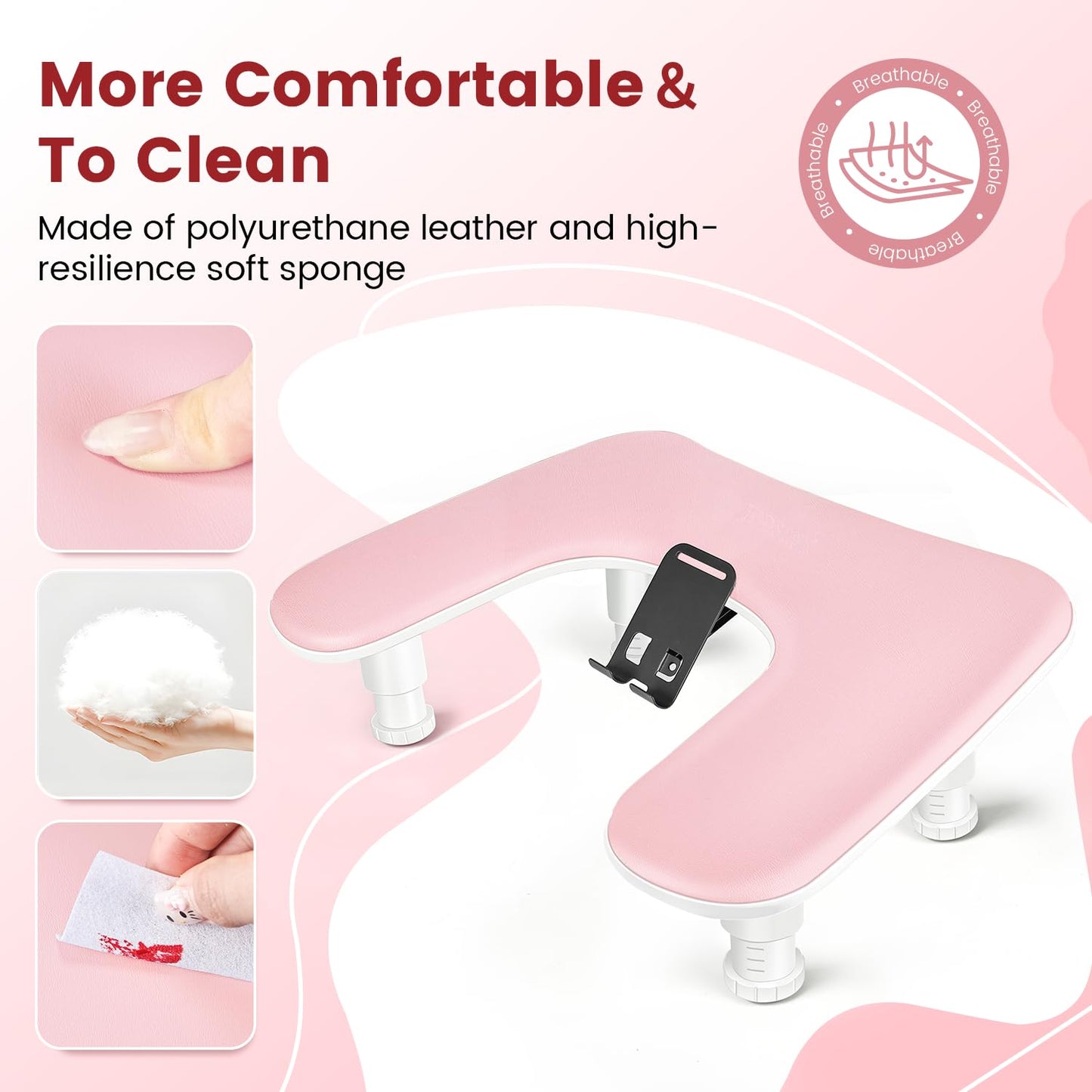 JODSONE Pink U-Shaped Manicure Arm Rest for Nails Tech with Rotating 360°Built-In Phone Holder and Adjustable Nail Arm Rest Detachable Manicure Hand Rest for Salon Design