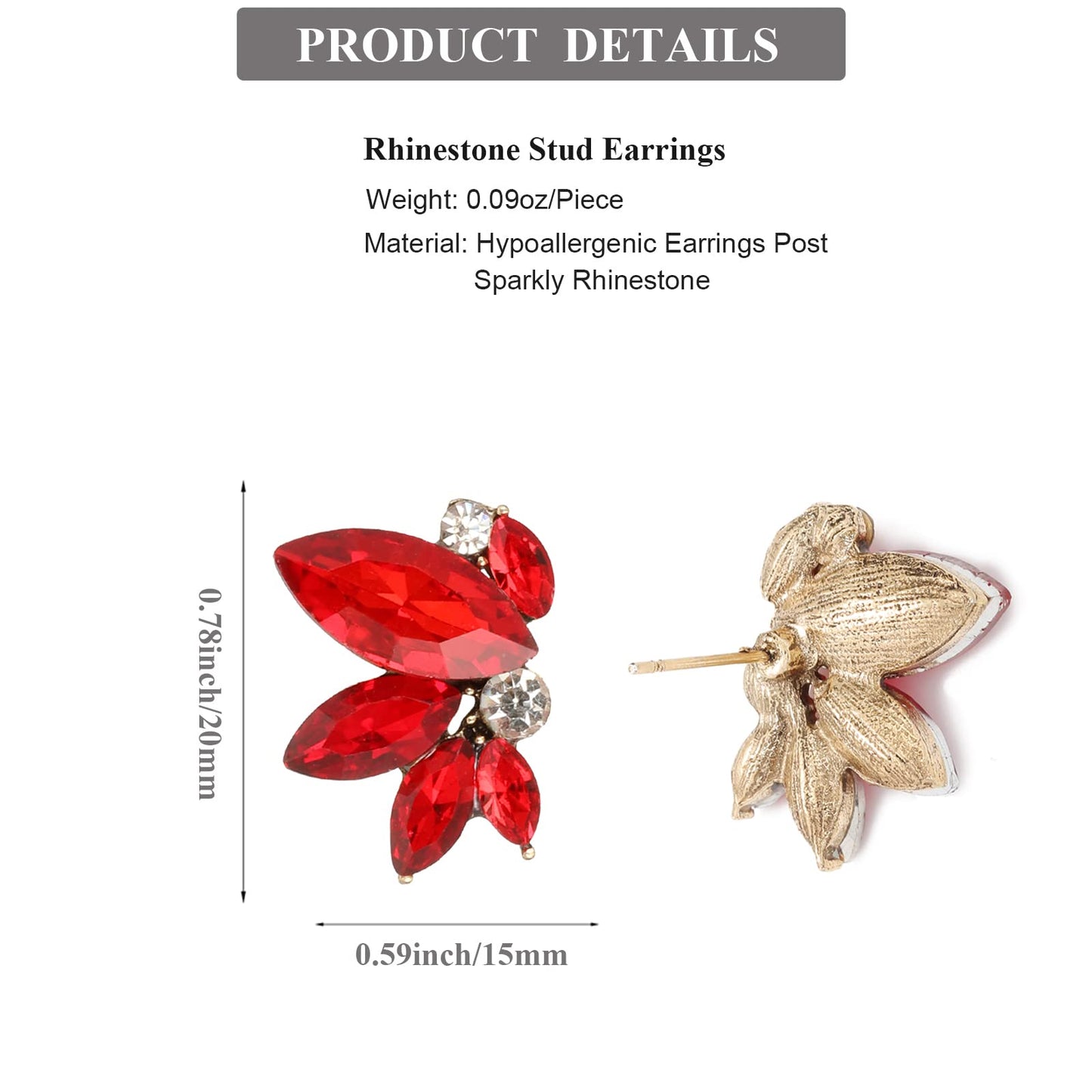 Red Rhinestone Earring Sparkly Faux Crystal Stud Earrings for Women Wedding Prom Party