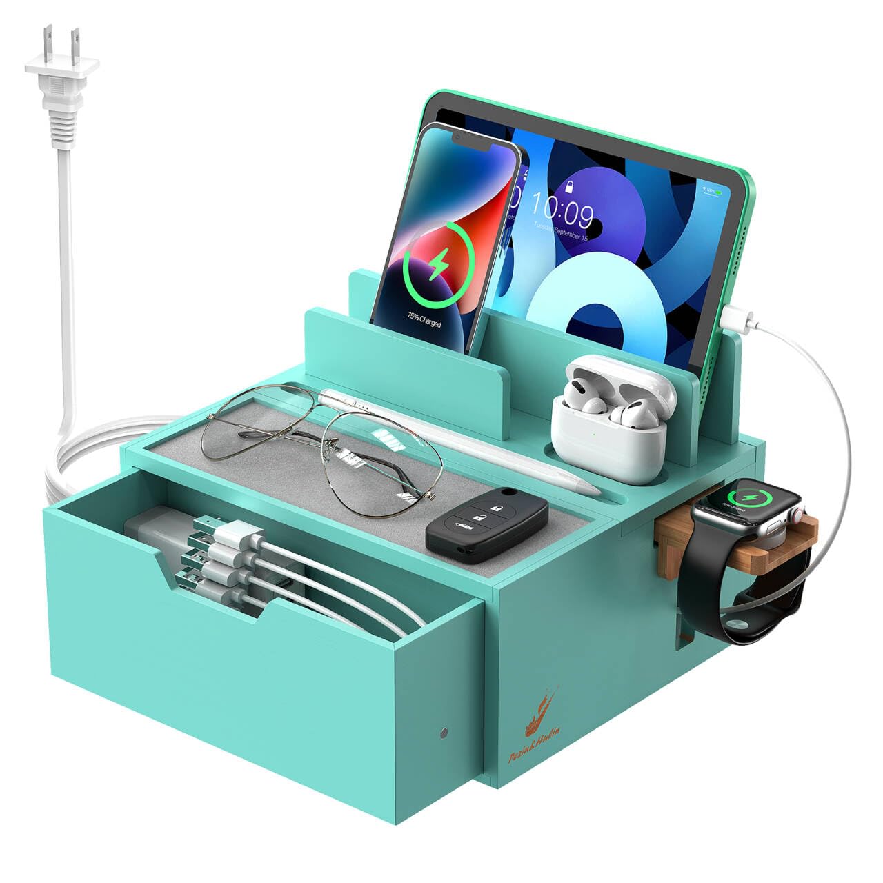 Pezin & Hulin Bamboo Charging Station for Multi Device, with Power Charger & Cables, Nightstand Docking Stand with Felt Pad Tray & Drawer, Compatible with Tablet, Cell Phone, Smart Watch-Teal