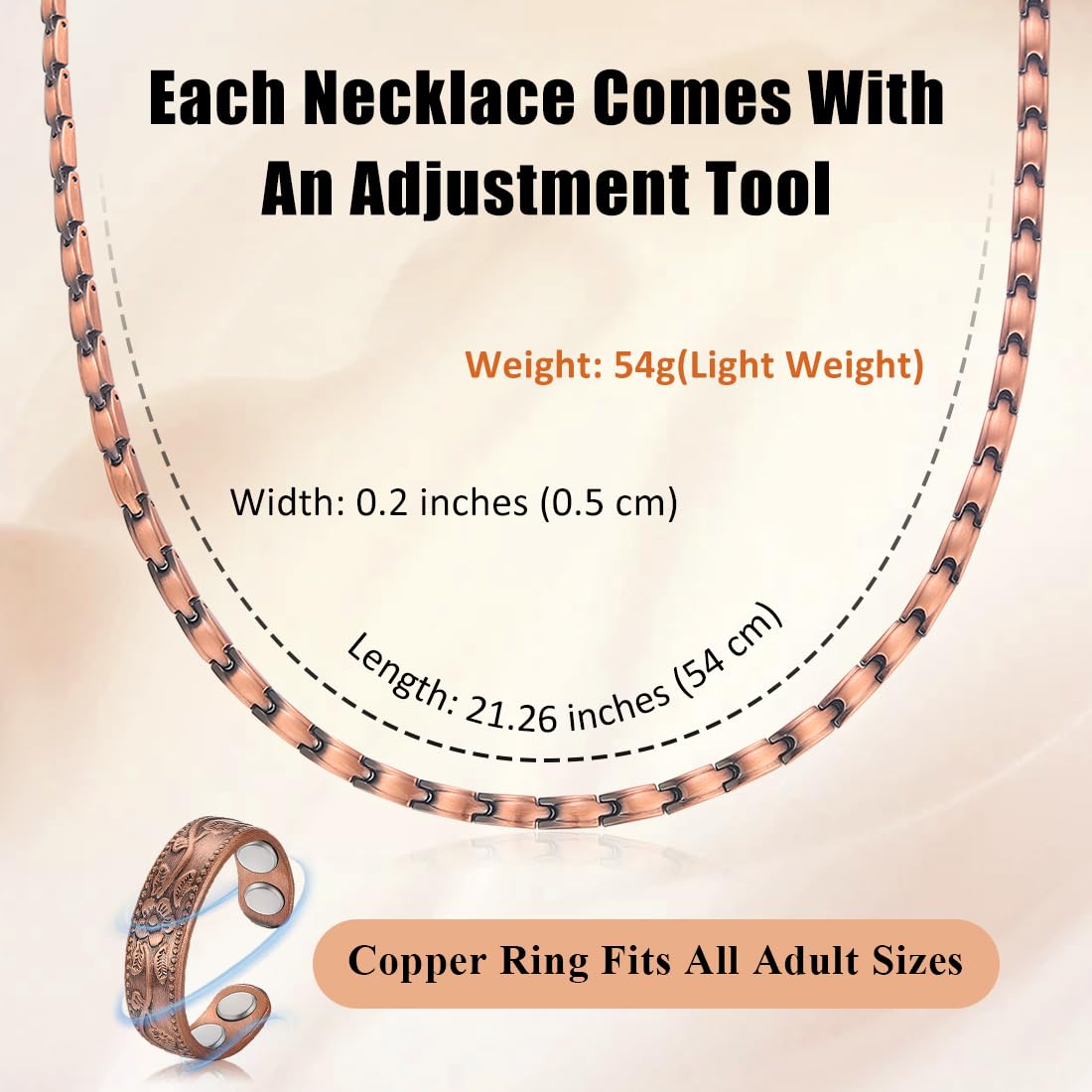 Vicmag Copper Magnetic Necklace for Women - Ultra Strength Magnets-99.9% Solid Pure Copper 2PCS Ring Necklace Set for Neck Adjustable Light Weight