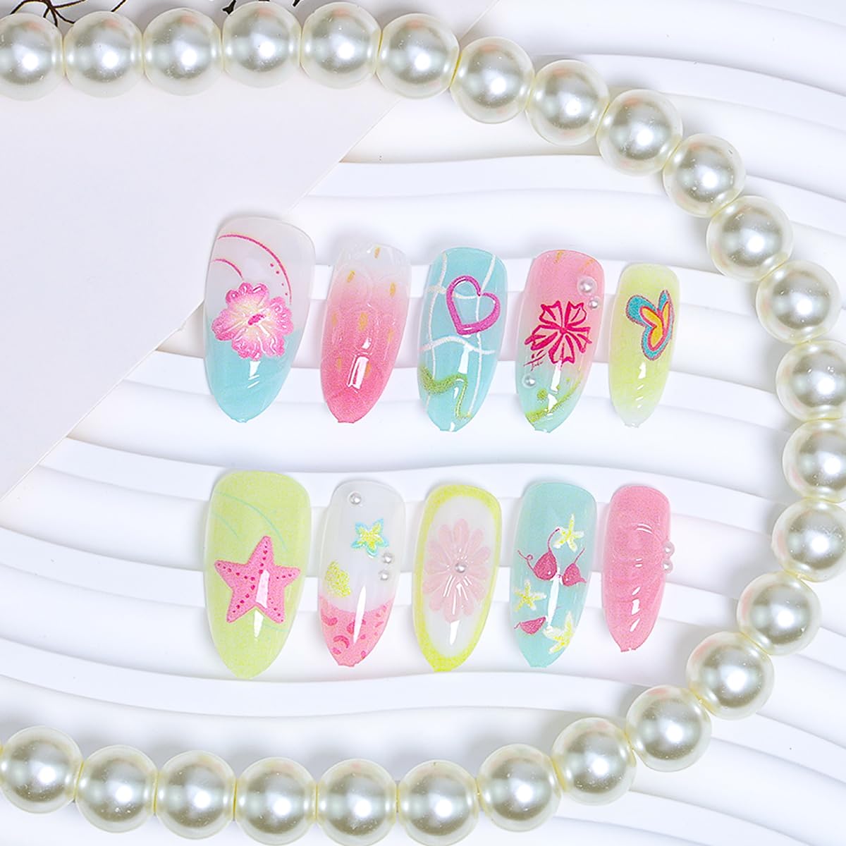 30Pcs Cute Press on Nails Medium Almond Fake Nails Summer Press ons 3D Pearl Flower Glue on Nails Beach Starfish False Nails Lemon Butterfly Heart French Tip Nails Handmade Acrylic Nails Set for Women