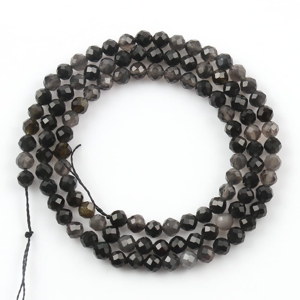 Song Xi 120pcs 3mm Natural Obsidian Gemstone Beads Faceted Round Loose Stone Beads for Jewelry Making