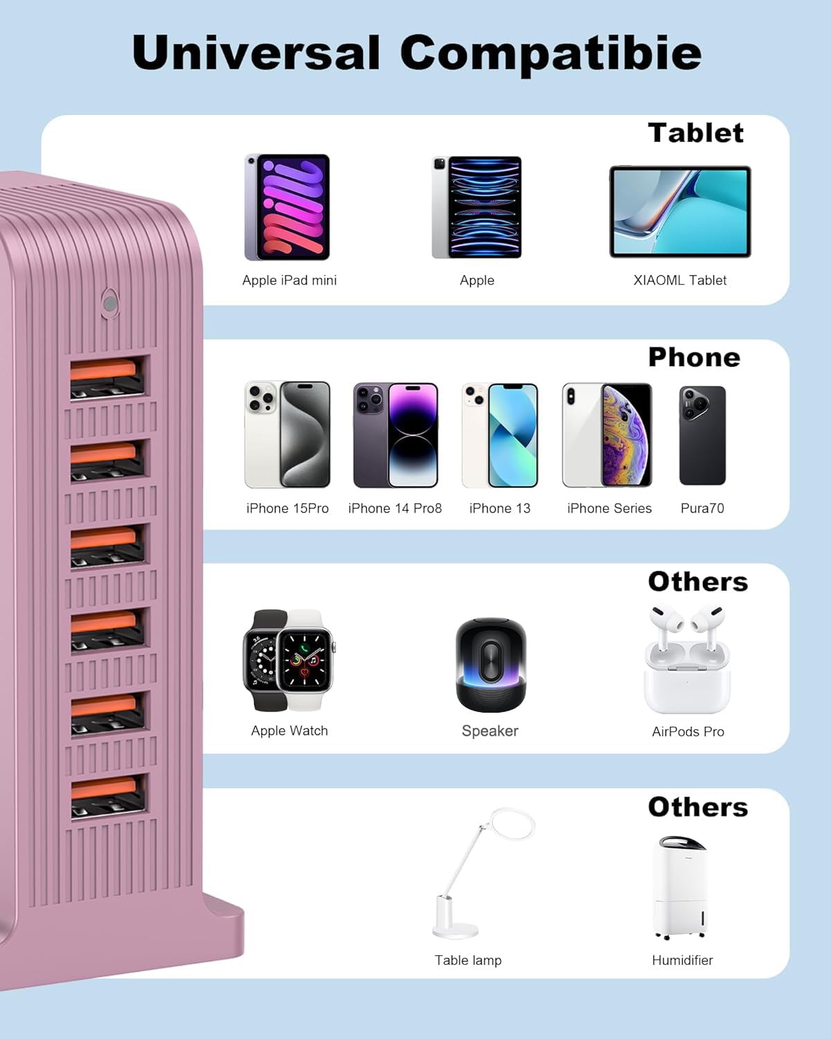 VPSUN Charging Station for Multiple Devices,VPSUN 50W USB Charger Tower,Multi 6 Port USB Charging Hub Compatible with iPhone 15/14/14 Pro/14 Pro Max/Android/Samsung/Tablet,etc(Pink, 50W)