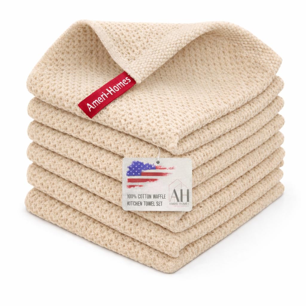 Ameri-Homes 100% Cotton Waffle Kitchen Dish Cloths 6-Pack– Ultra Absorbent & Quick Dry, Counters & Kitchen Use – Soft, Durable & Lint-Free13.50X13.50 inches (Off-White)