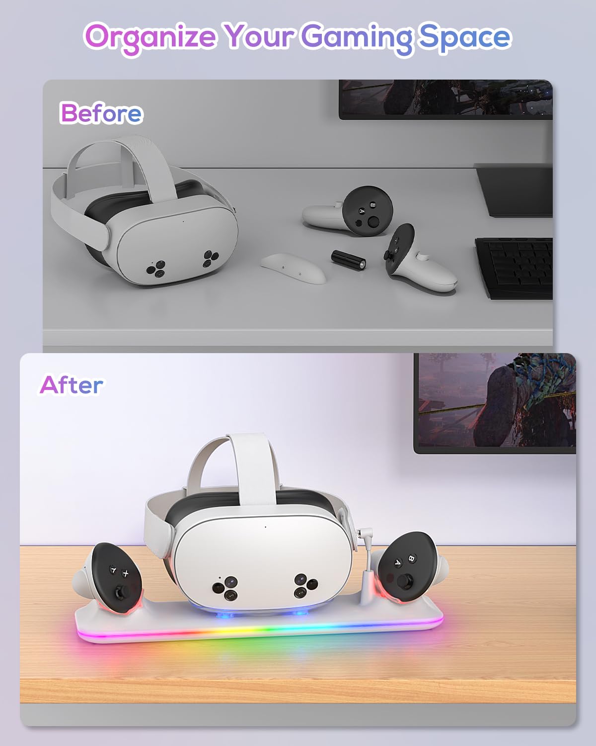 Charging Dock for Meta Quest 3S/3, Kinwin Magnetic Charging Station for Oculus Quest 3S/3 Accessories with RGB Light, Charging Stand for VR Headset & Controller with 2 Rechargeable Batteries (White)