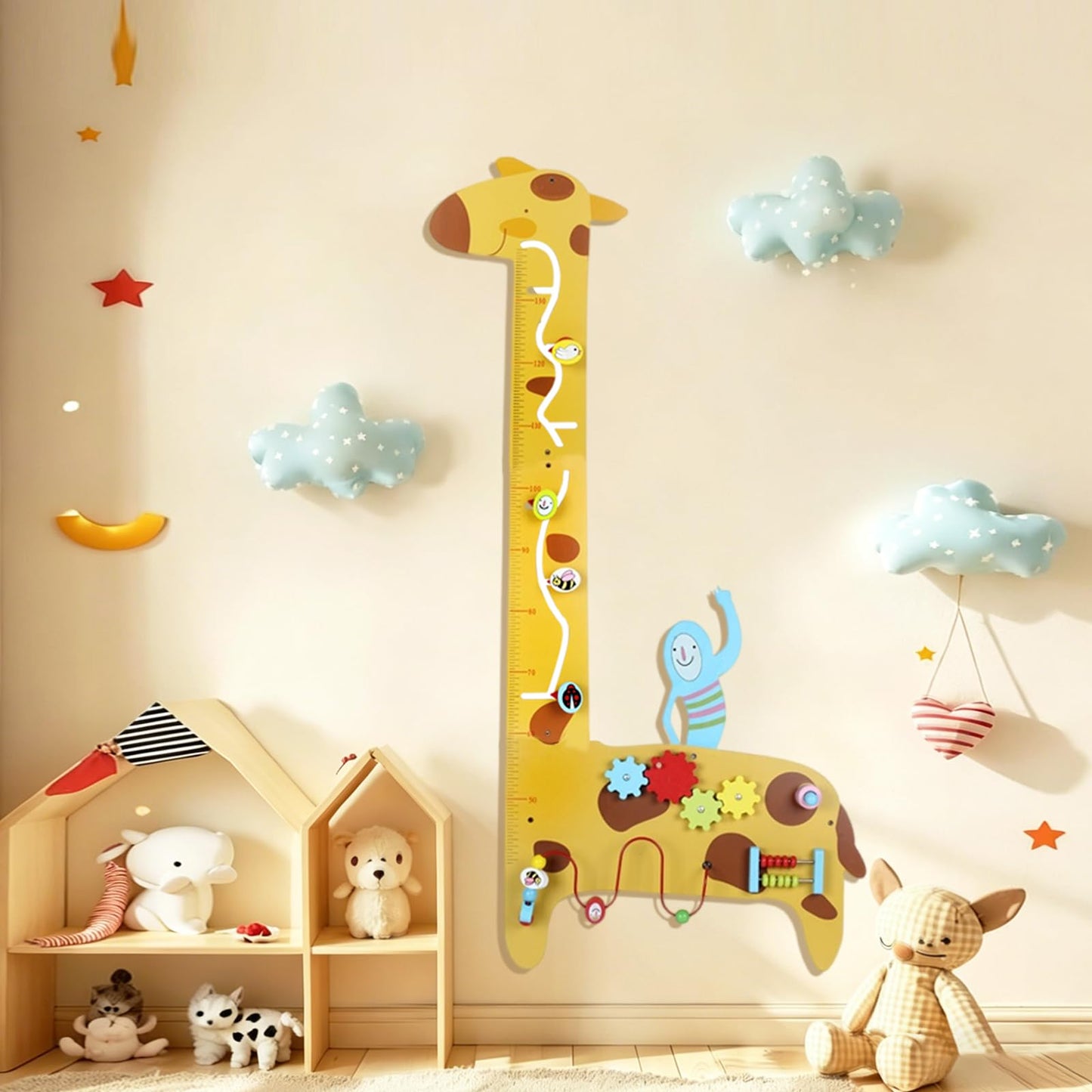 BROWNROOT Wooden Giraffe Growth Chart, Montessori Height Ruler with 5-in-1 Sensory Activities, Measuring Wall Toy for Kids 3-6, Bead Maze, Gears, Slide, Squeaker & Abacus, Educational Learning Gift
