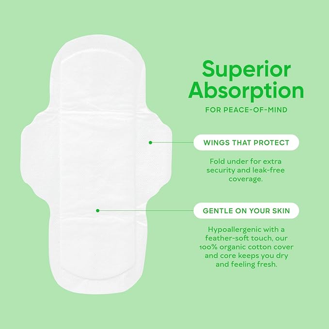 Oi | Organic Initiative - Ultra-Thin Pads with Wings | 100% Certified Organic Cotton, Unscented | Leak Free, Biodegradable | Non-GMO, Toxin Free (Regular, 20, Count)