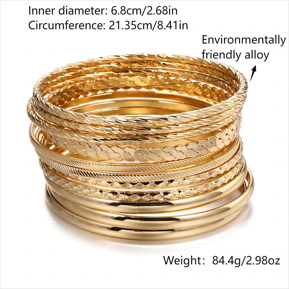 RINTOLER 12Pcs Gold Bangles for Women - Multi Layer Stackable Textured Gold Bracelets Boho Jewelrys Set.