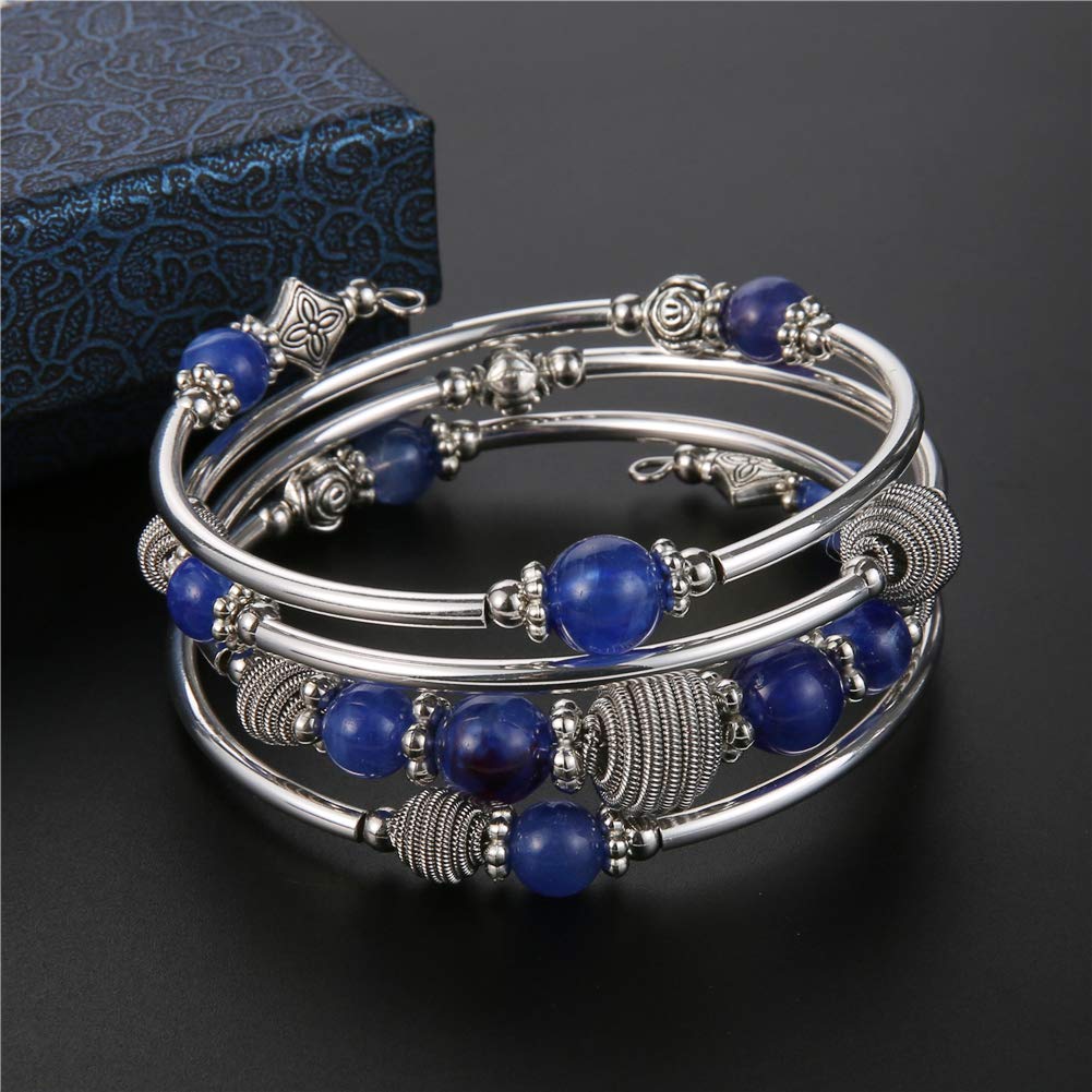 PEARL&CLUB Beaded Chakra Bangle Turquoise Bracelet - Fashion Jewelry Wrap Bracelet with Thick Silver Metal and Mala Beads, Birthday Gifts For Women(Blue)