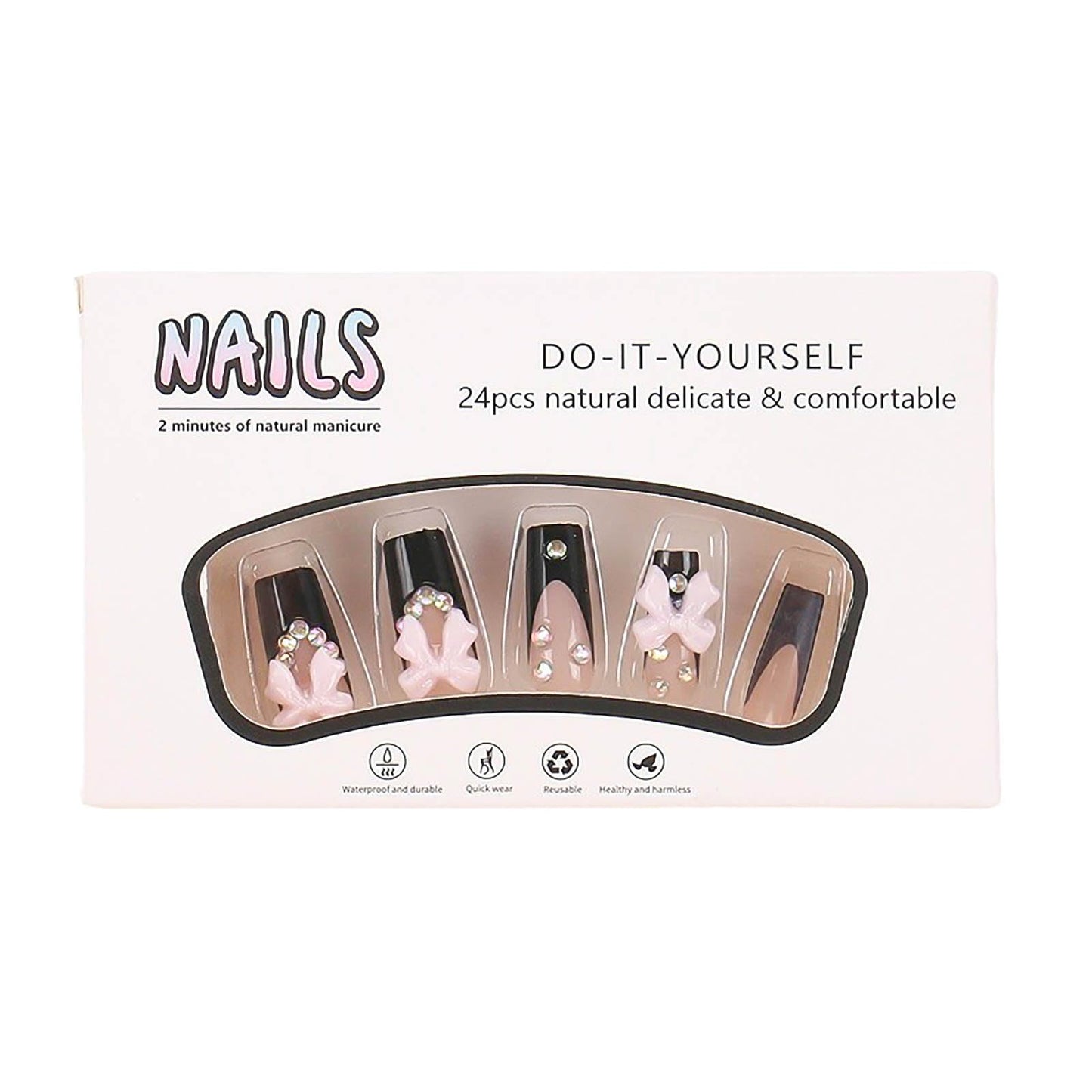 RUOKEXIN Long Square Press-on Nails: French Tip False Nails with Bow Rhinestones Designs - Pink, Black, Sparkly, Artificial 24Pcs