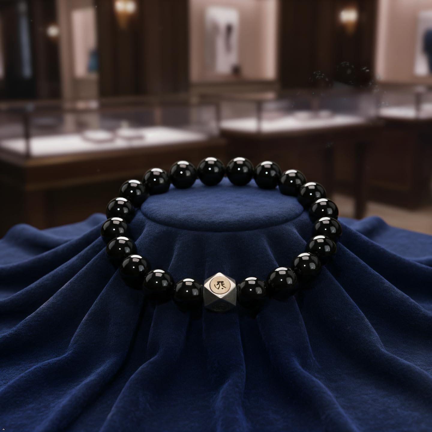 FAIRY CONCEPT Natural Black Obsidian Beaded Bracelet with Metal Charm, Polished Stone Beads, Elastic Stretch Design, Unisex Protection Jewelry
