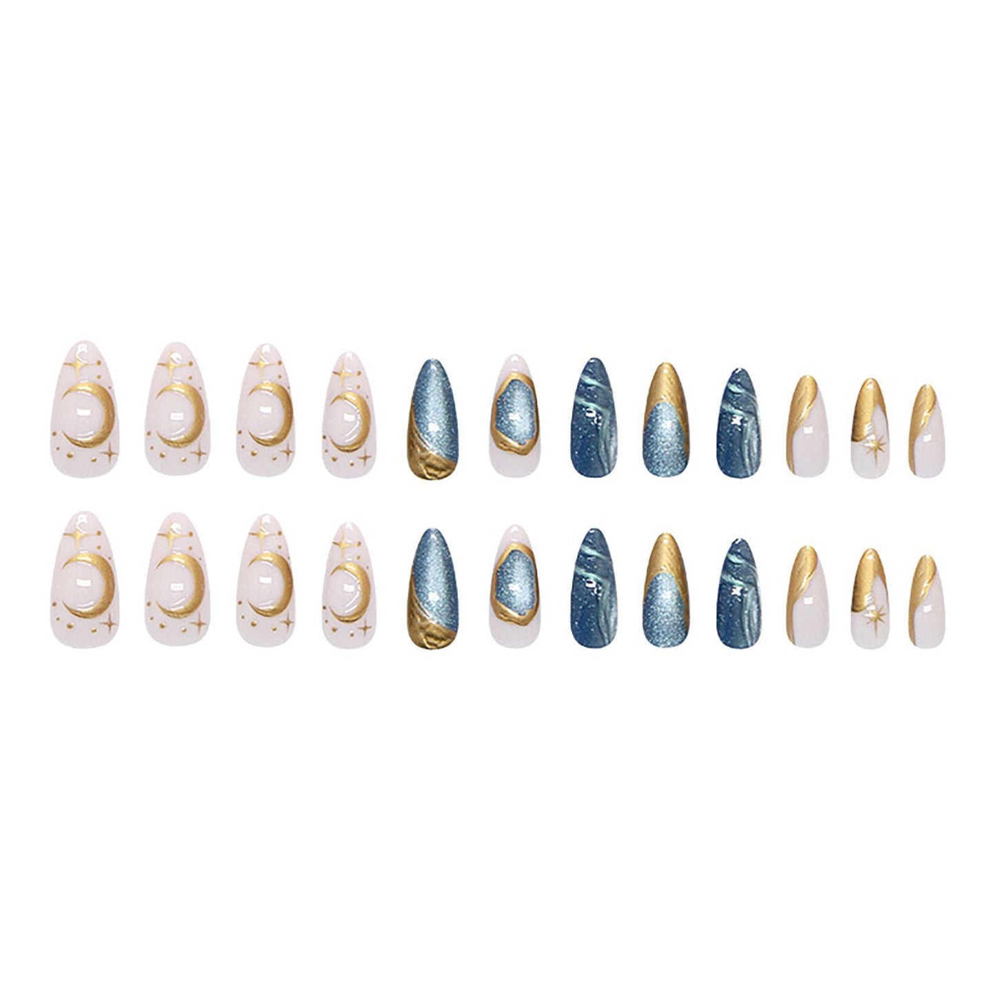 RUOKEXIN Almond Press on Nails Medium Fake Nails Blue Cat Eye False Nails with 3D Gold Designs Spring Summer Nail Press ons Sparkly Artificial Nails for Women 24Pcs