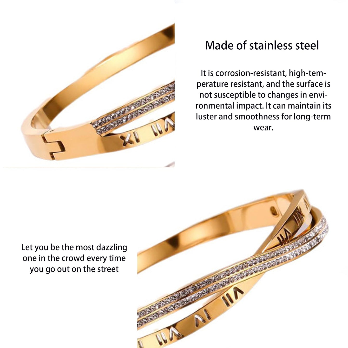 Vbvbip 18K Gold Plated 316L Stainless Steel Bracelets Bangle Collection - 12 Unique Designs + Matching Diamond-Accent Titanium Steel Chain, Gift for Women