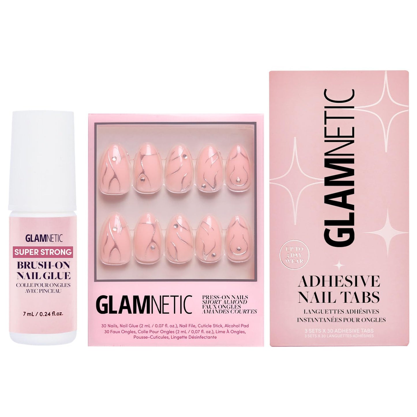 Glamnetic Press-On Nails - Astro | Super Strong Brush On Nail Glue & Nail Adhesive Tabs | Short Almond Fake Nails with 3D Metallic Silver Swirls | 15 Sizes - 30 Nail Kit with Glue & Nail Tabs