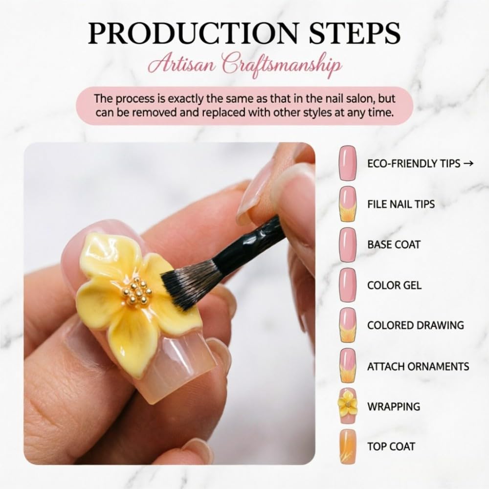 Vokupoga Square Press on Nails Handmade Medium French Tip Fake Nails with 3D Flower Designs Glossy False Nails for Women 10Pcs(Size M)