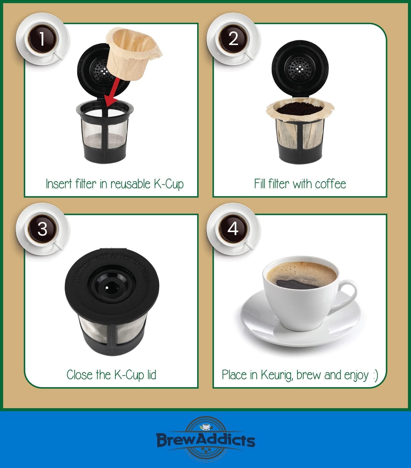 Brew Addicts 300 Paper Coffee Single-Use Filters, Brown, All-Natural & Unbleached for Keurig Brewers and Compatible with K-Cup Pods 1.0 & 2.0 Models, Disposable filters