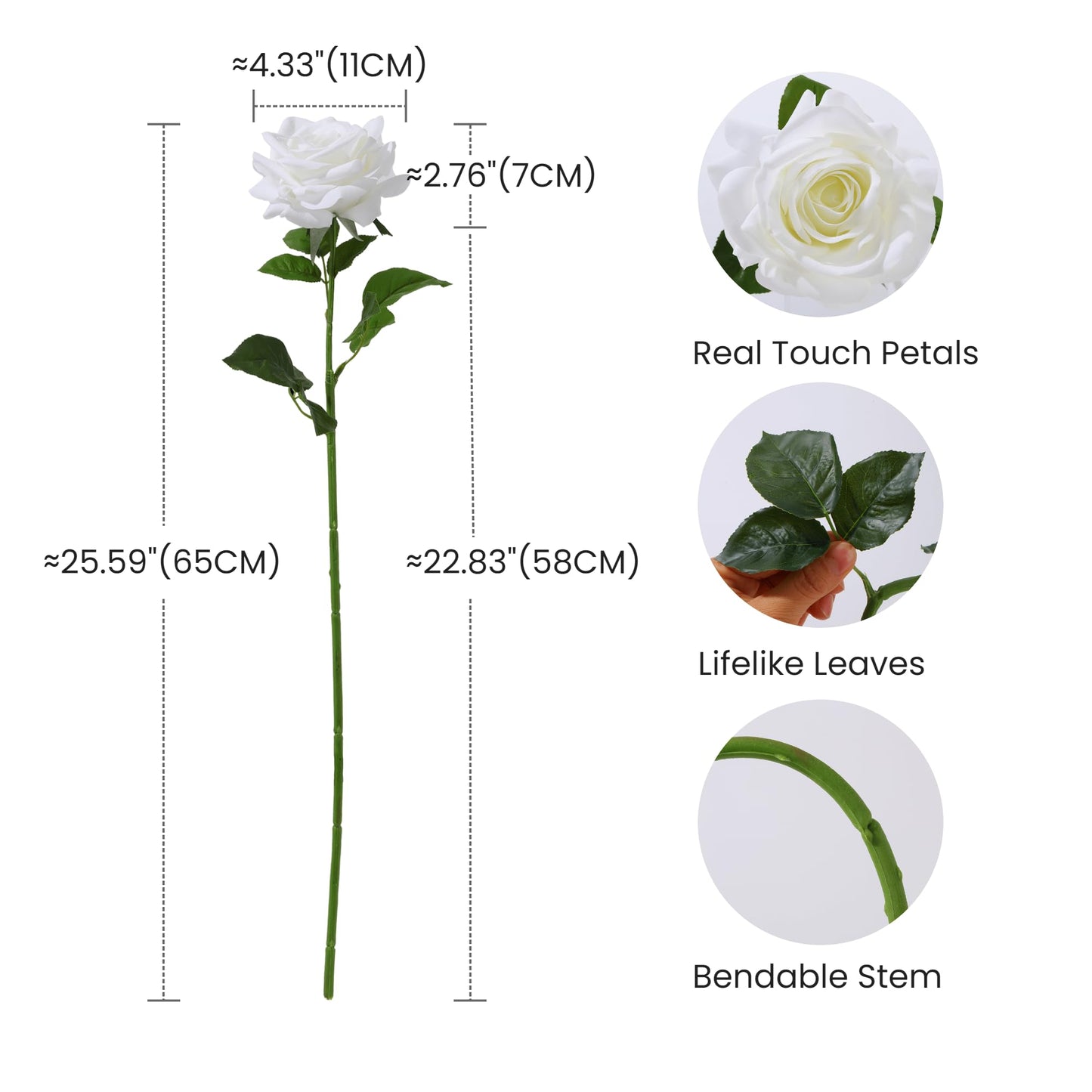 PIDOFOX Artificial Flowers, 5Pcs Real Touch White Roses, Realistic 4.3''Big Flower Head Faux Silk Roses Bouquets with Long Stem for Wedding DIY & Home Table Centerpieces Decoration