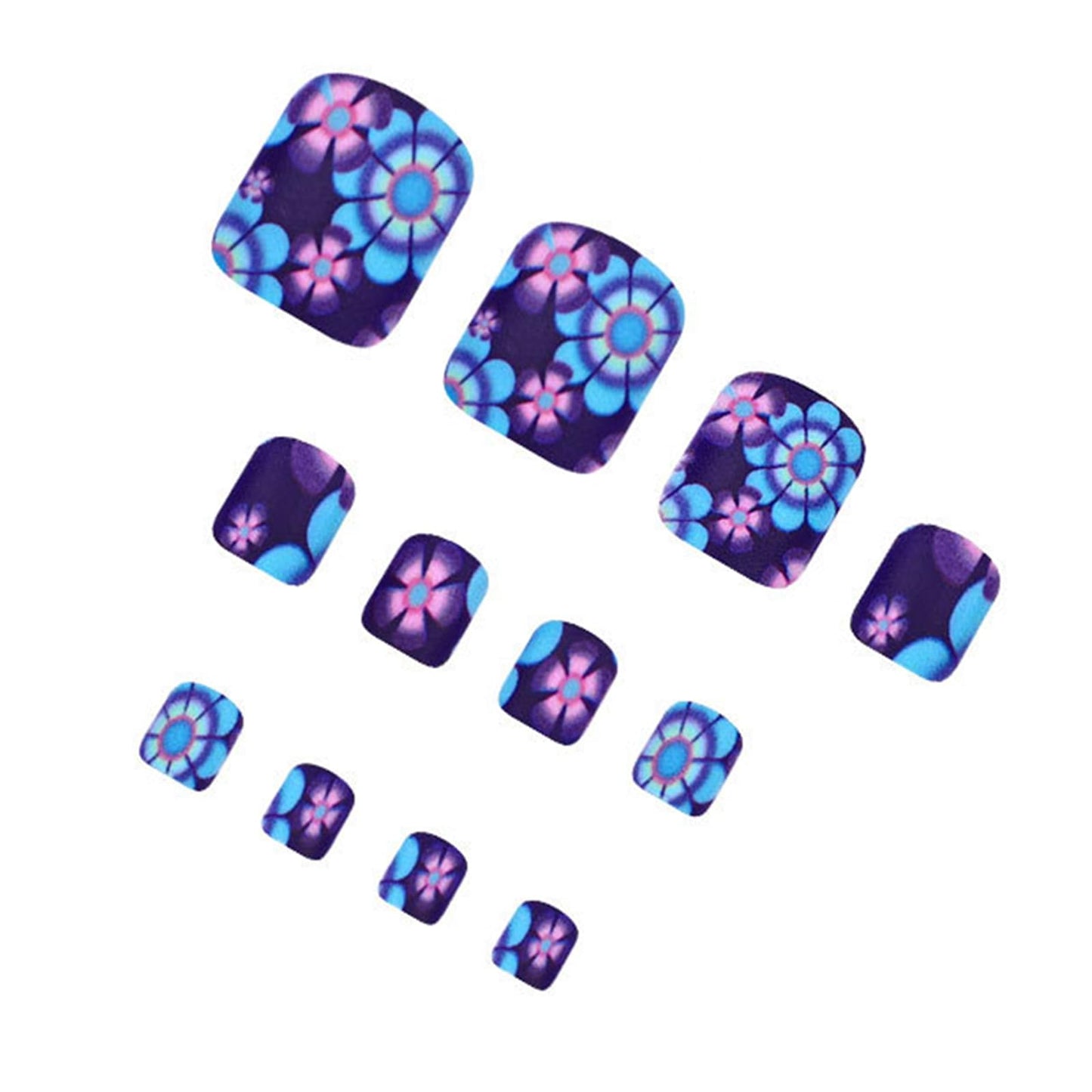 24PCS Summer Daisy Press on Toenails Short Square with Flower Designs Blue Purple Flower Matte Acrylic Full Cover Spring Summer Reusable False Toe Nails Kit with Jelly Toenails for Women