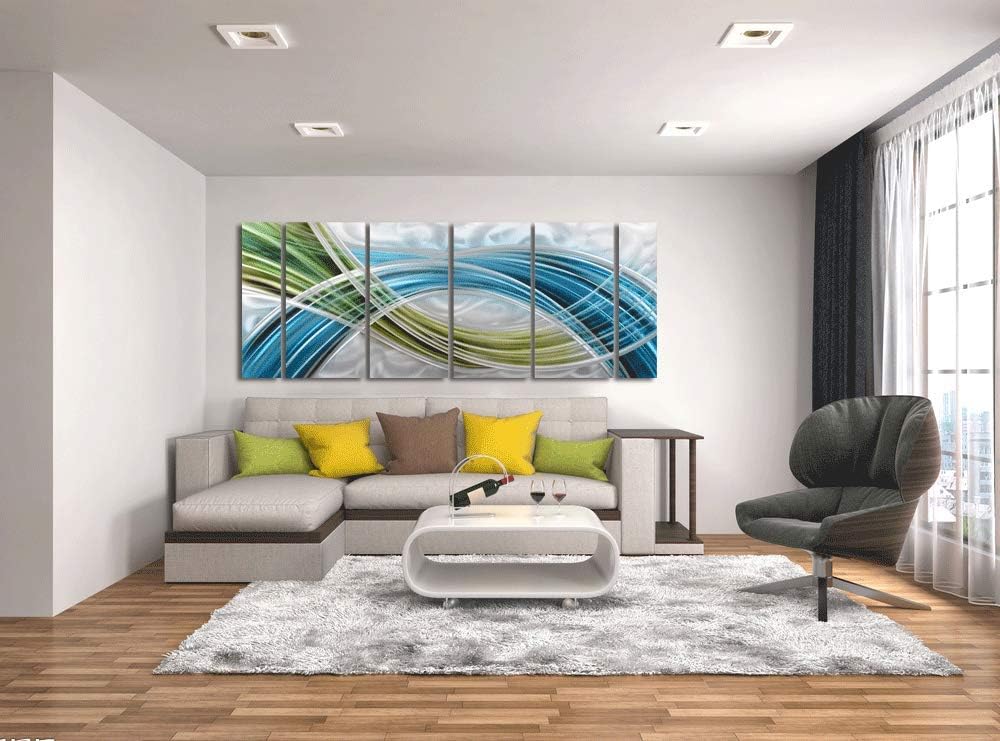 Yihui Arts Abstract Metal Wall Art - Hand Crafted 5 Pieces Panels Large Big Blue Teal Silver Unique 3D Aluminum Modern Contemporary Home Accent