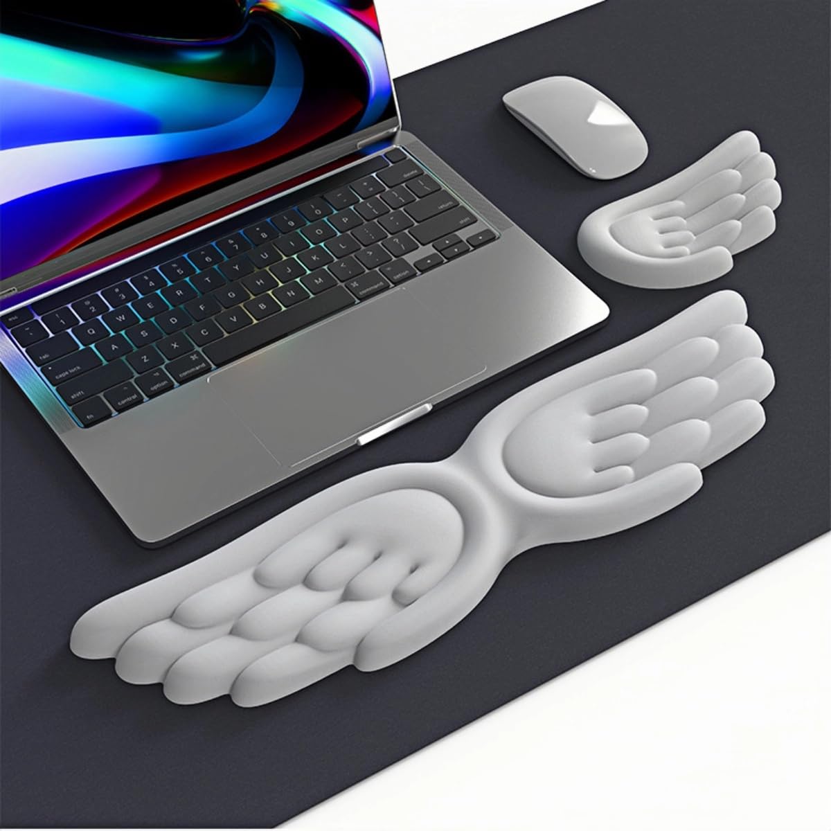 Angel Wing Wrist Rest Ergonomic Memory Foam Wrist Rest for Computer Keyboard Mouse Set, Cute Gaming Keyboard Cushion Hand Support PU Leather Surface Anti-Slip Waterproof White Angel Wing
