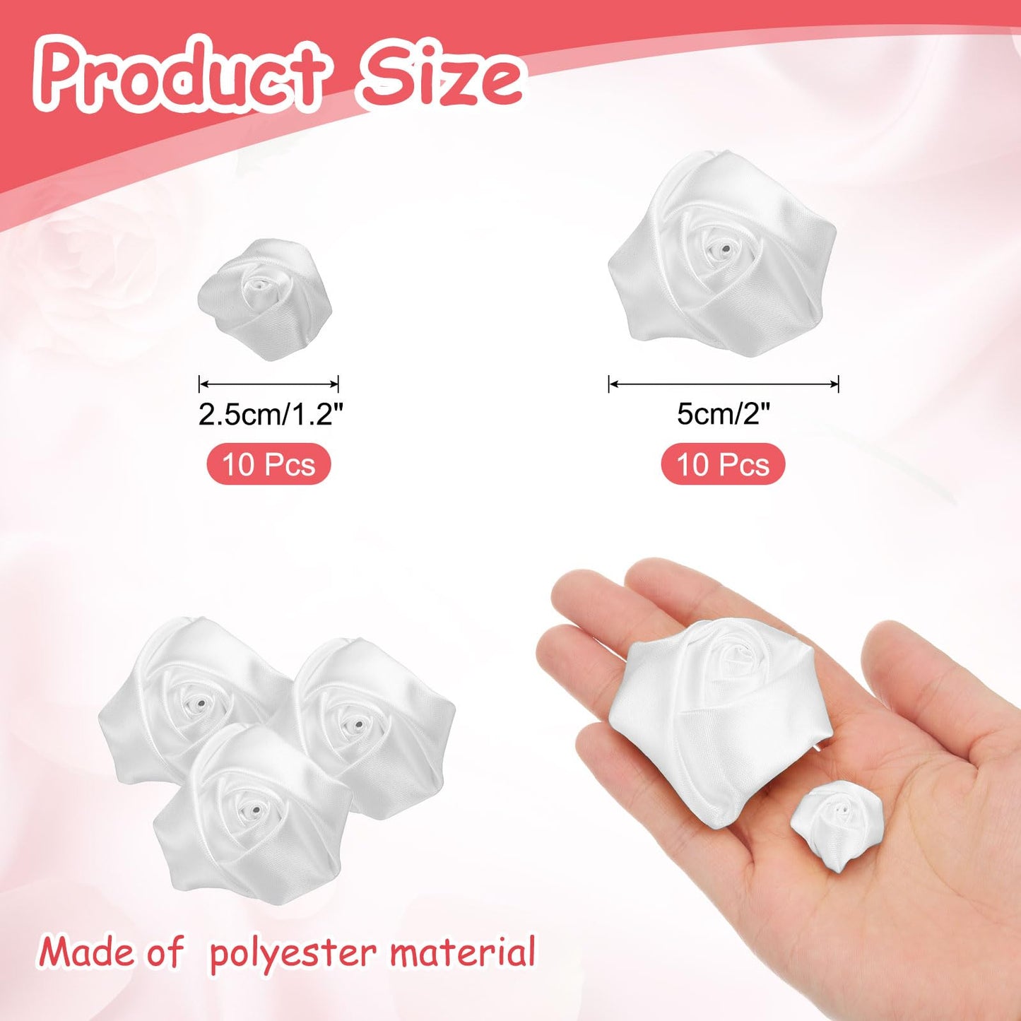 uxcell 20pcs 2Size Satin Ribbon Roses 2.5cm/5cm Ribbon Flower Rose Artificial Fabric Flowers for DIY Crafting Accessories Sewing Wrapping Wedding Gift Decoration (White)