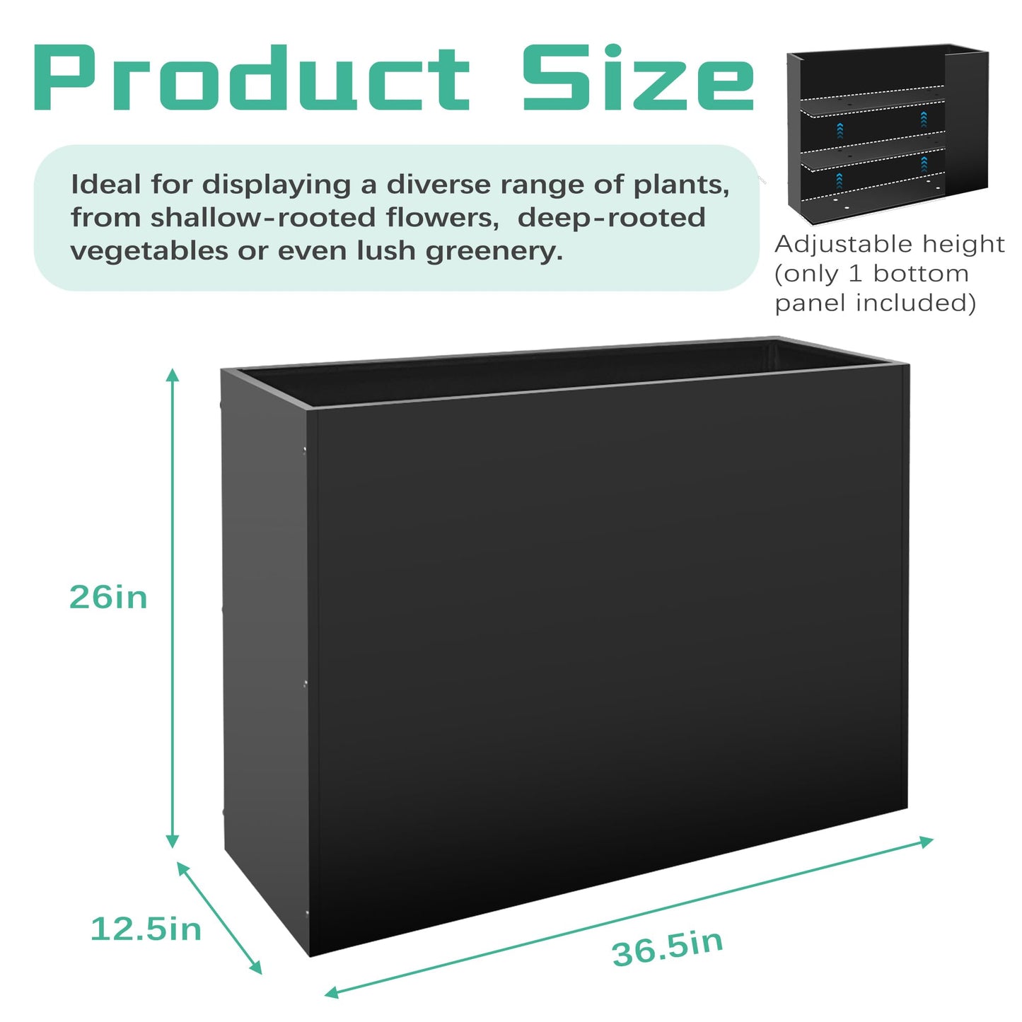 Metal Rectangular Planter Box, Large Planter Boxes Outdoor, 37''L x 13''W x 26''H Heavy Duty Plant Box with Removable Insert Shelf, 3 Tier Adjustable Height Tall Garden Planter for Plants, Flowers