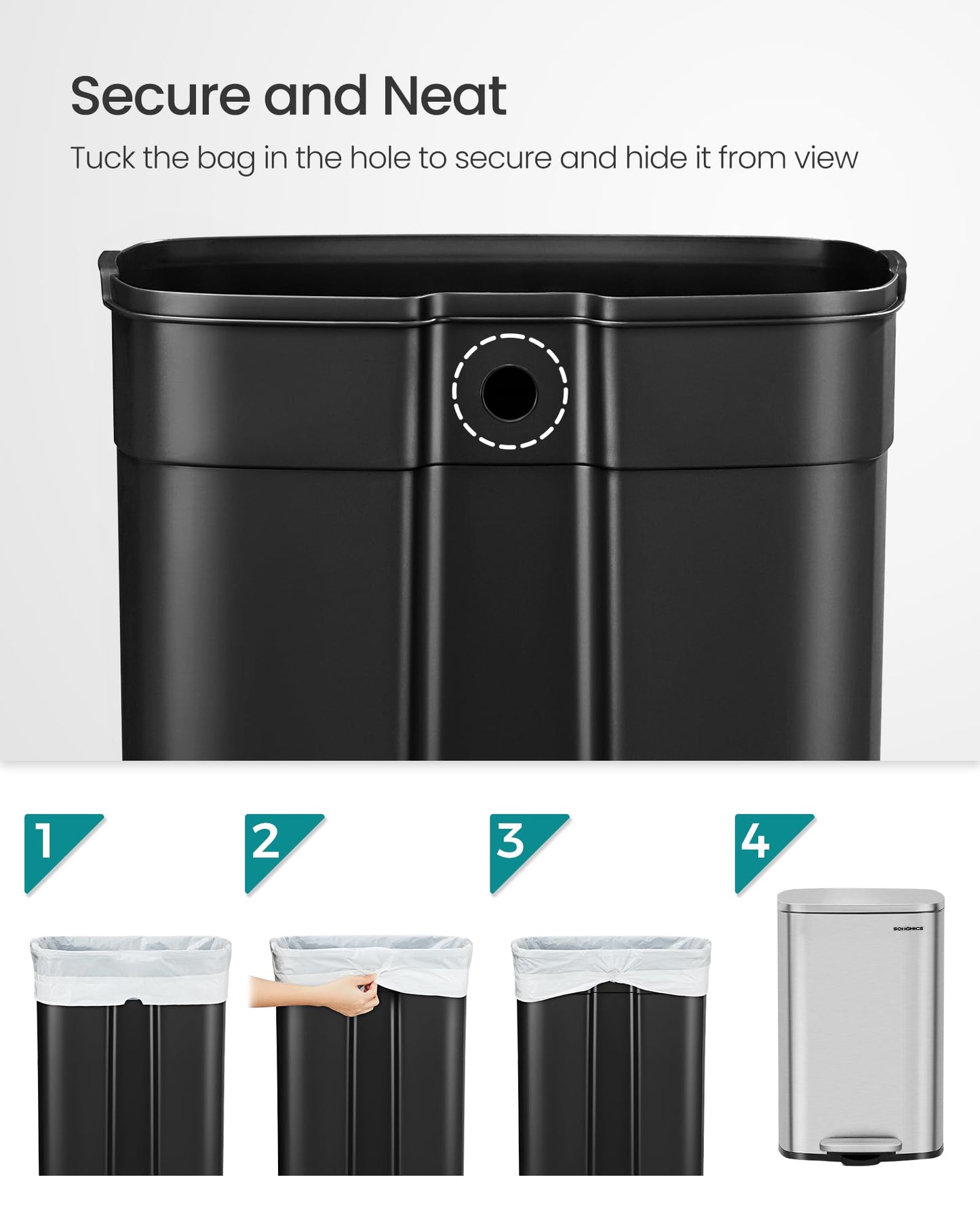 SONGMICS 13 Gallon (50 L) Trash Can, Stainless Steel Kitchen Garbage Can, Recycling or Waste Bin, Soft Close, Step-On Pedal, Removable Inner Bucket, Silver ULTB050E01
