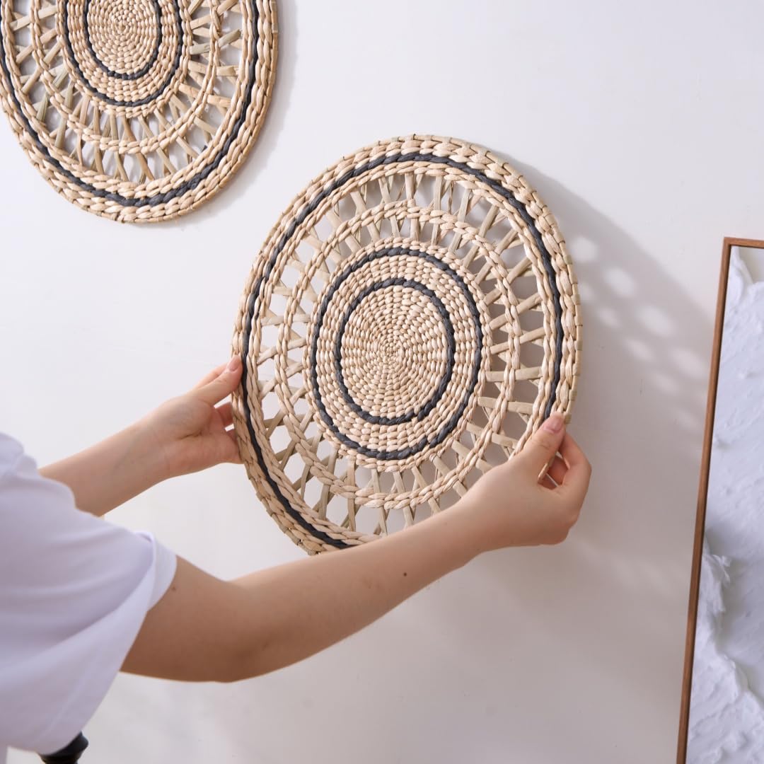 Deosur 2PCS Boho Woven Grass Wall Hanging & Tray – 35CM Handmade Round Wall Art for Living Room & Bedroom – Dual-Purpose, in Black