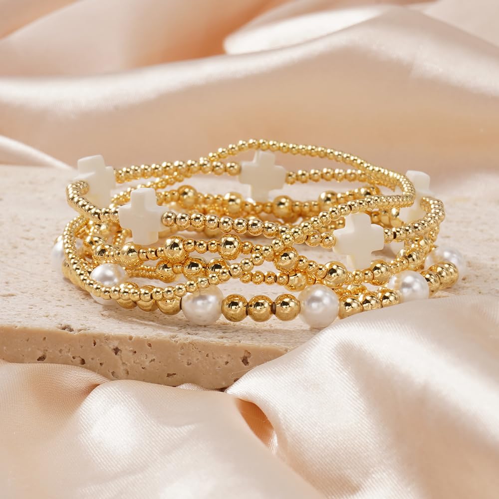 Bohxantium Gold Pearl Beaded Cross Bracelets Stack for Women Handmade Stackable Stretch Boho 14K Gold Plated Beads Ball Bracelets Set Trendy Jewelry Summer Birthday Prom Friendship Christian Gift