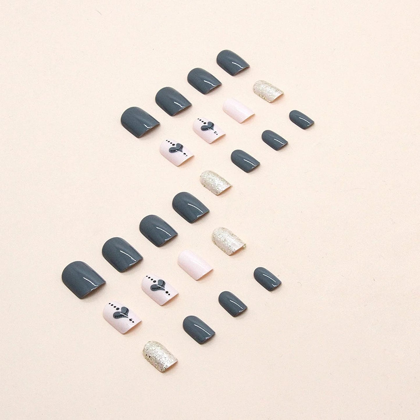 MISUD Press on Nails - Short Square Fake Nails with Gray Blue, Acrylic Bling Glitter Design 24 pcs
