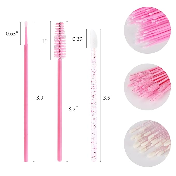 600 PCS Eyelash Extension Supplies Kit, 200 Spoolies Mascara Wands Disposable 200 Lip Brushes 200 Micro Swabs Pink Eyelash Brushes Makeup Applicator Tool