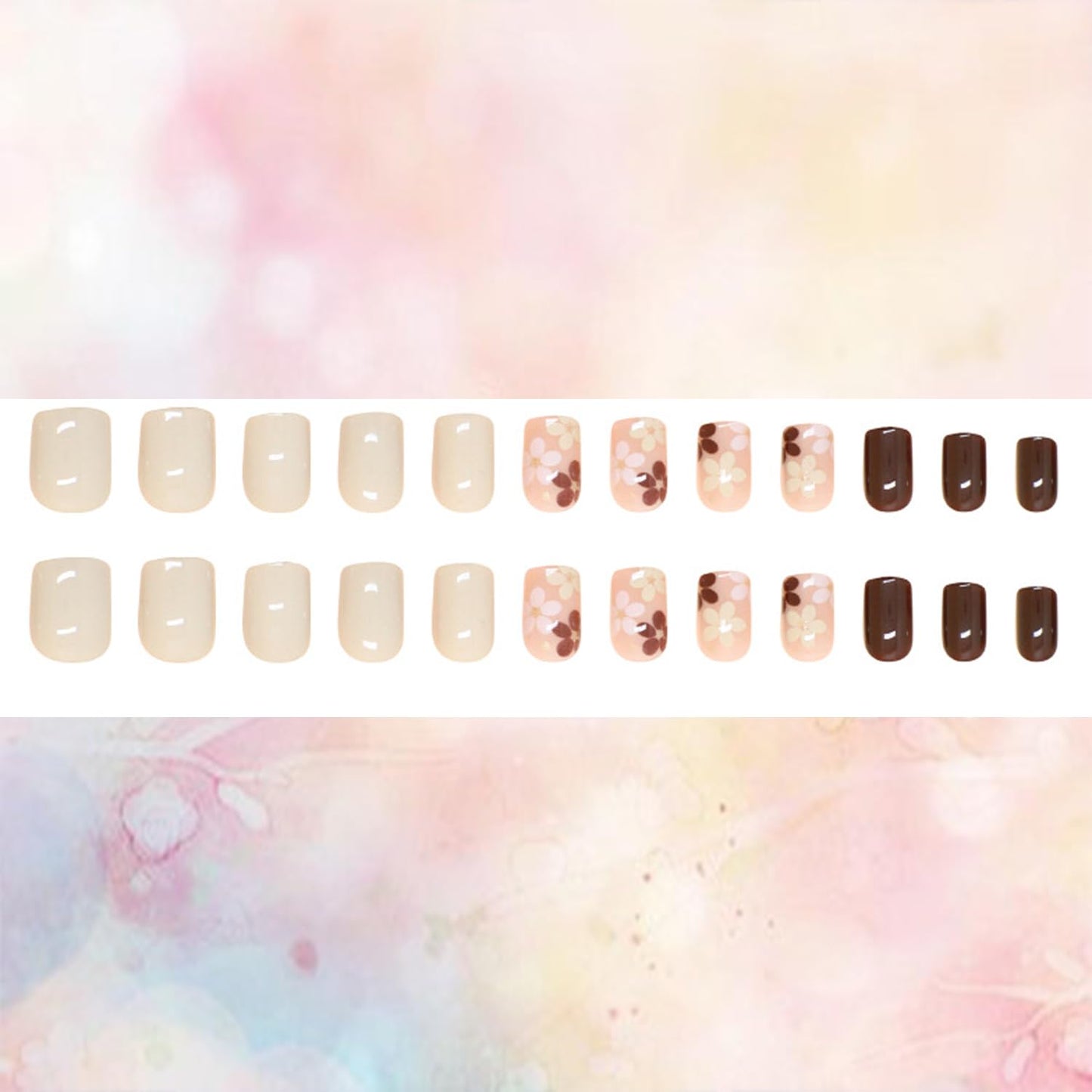 Flower Press Short Square False Nails - Light Brown Full Cover Glossy Acrylic Artificial Stick-On Nails - Solid Color Reusable Glue-On Manicure Kit for Women