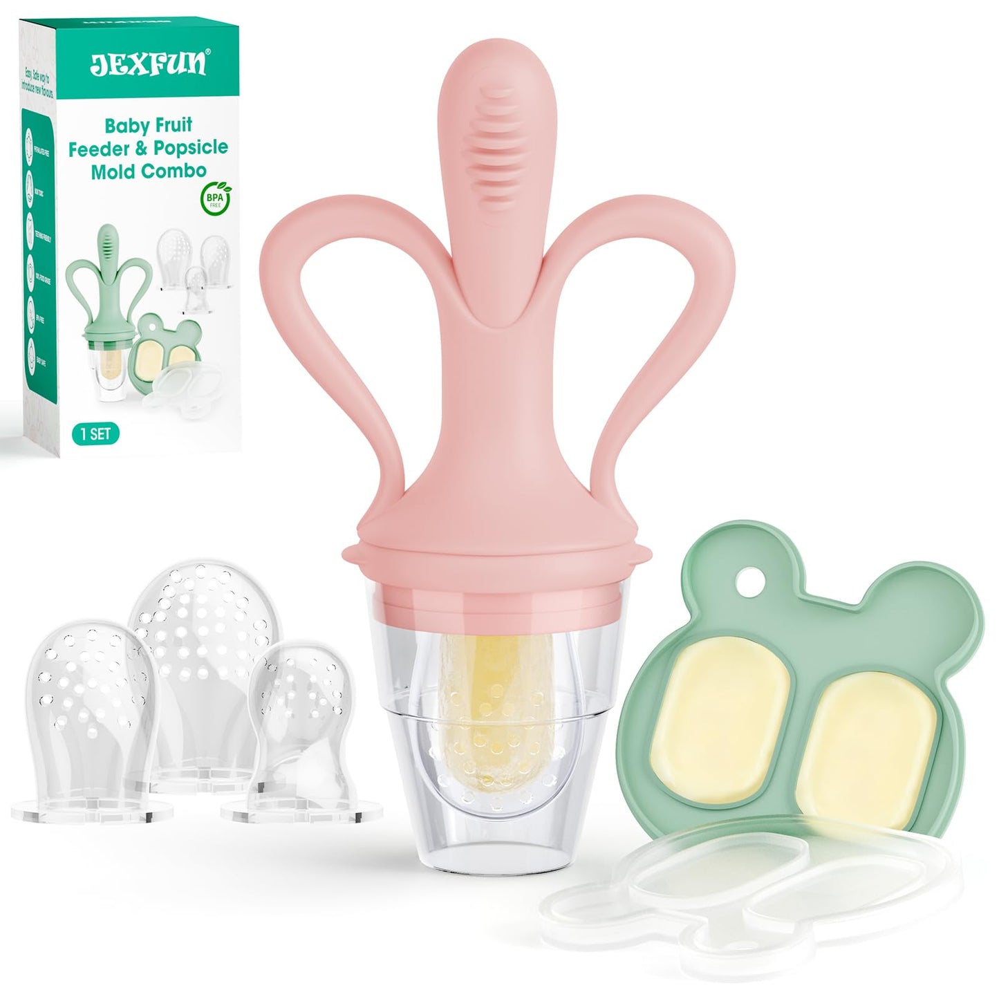 JEXFUN Baby Fruit Feeder & Breastmilk Popsicle Mold Set, Silicone Food Feeder Pacifier for Cooling Relief with 3 Replaceable Pouches, BPA-Free Teething Toy for Safe Infant Self Feeding (Pinkish)