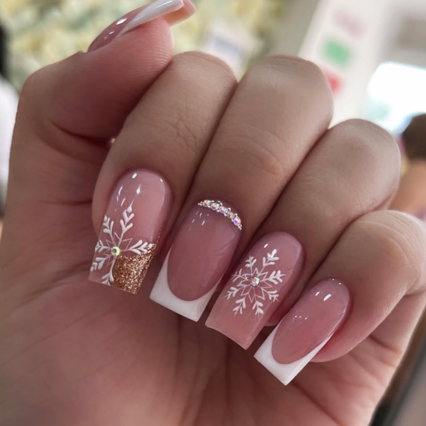 IMSOHOT Medium Square Press on Nails, White French with Snowflake Gold Glitter & Rhinestone Acrylic Nails, 24PCS