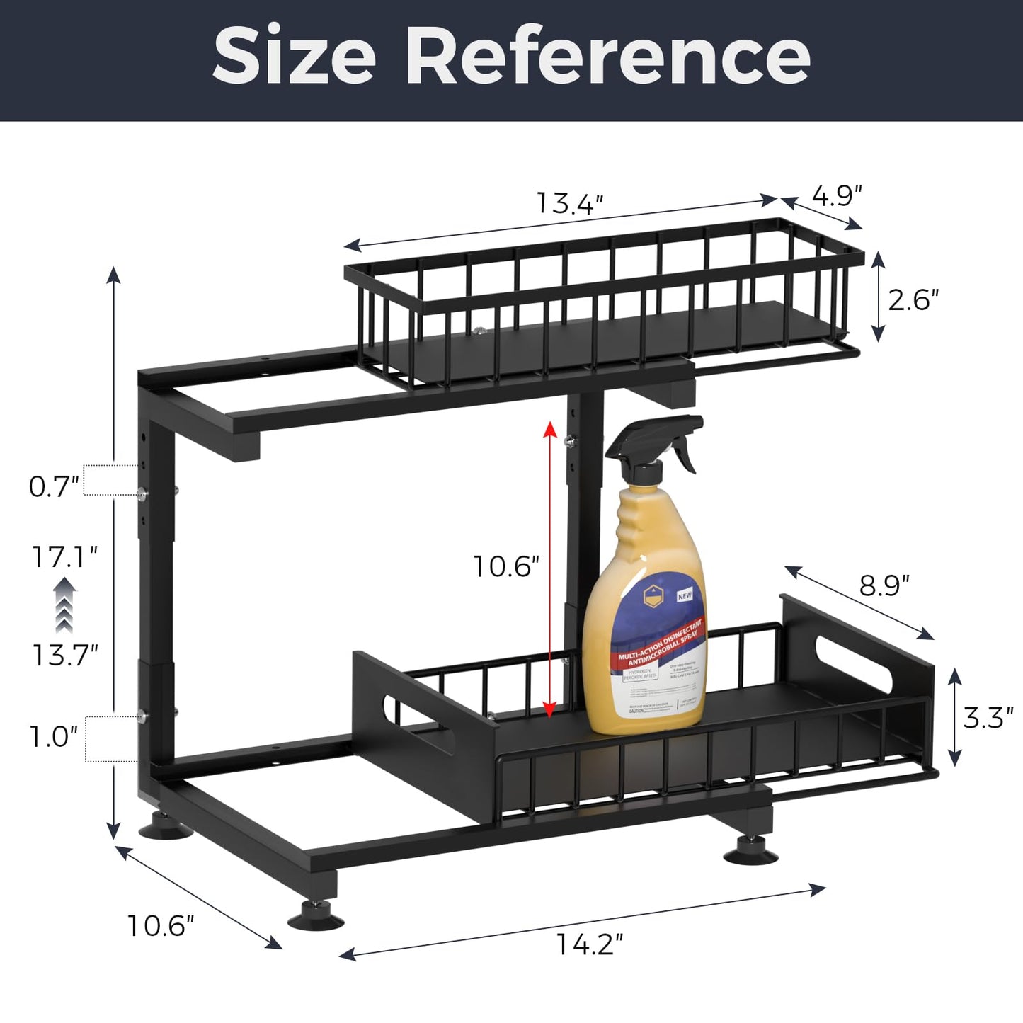 Under Sink Organizer, 2-Tier Premium Metal Pull-Out Racks with Adjustable Height, Heavy Duty Sliding Bin for Bathroom and Kitchen Cabinet Storage, Rust Resistant 2 Pack Black